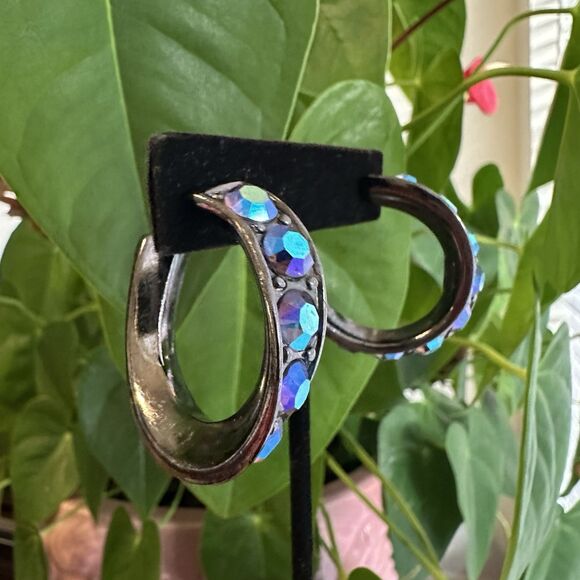 YSL Vintage Aurora Borealis Curved Hoop Earrings Crystal Rhinestone Signed 80s - Picture 9 of 16